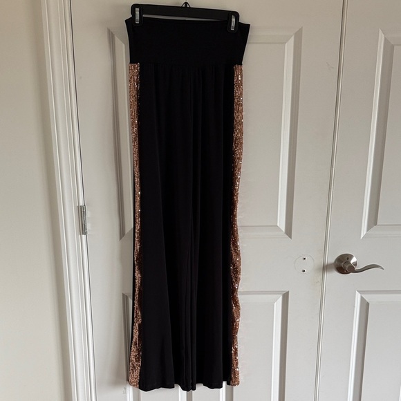 Julian Chang Mixed Media Black Pull On Pants Gold Sequin Side Stripe Small - Picture 2 of 10